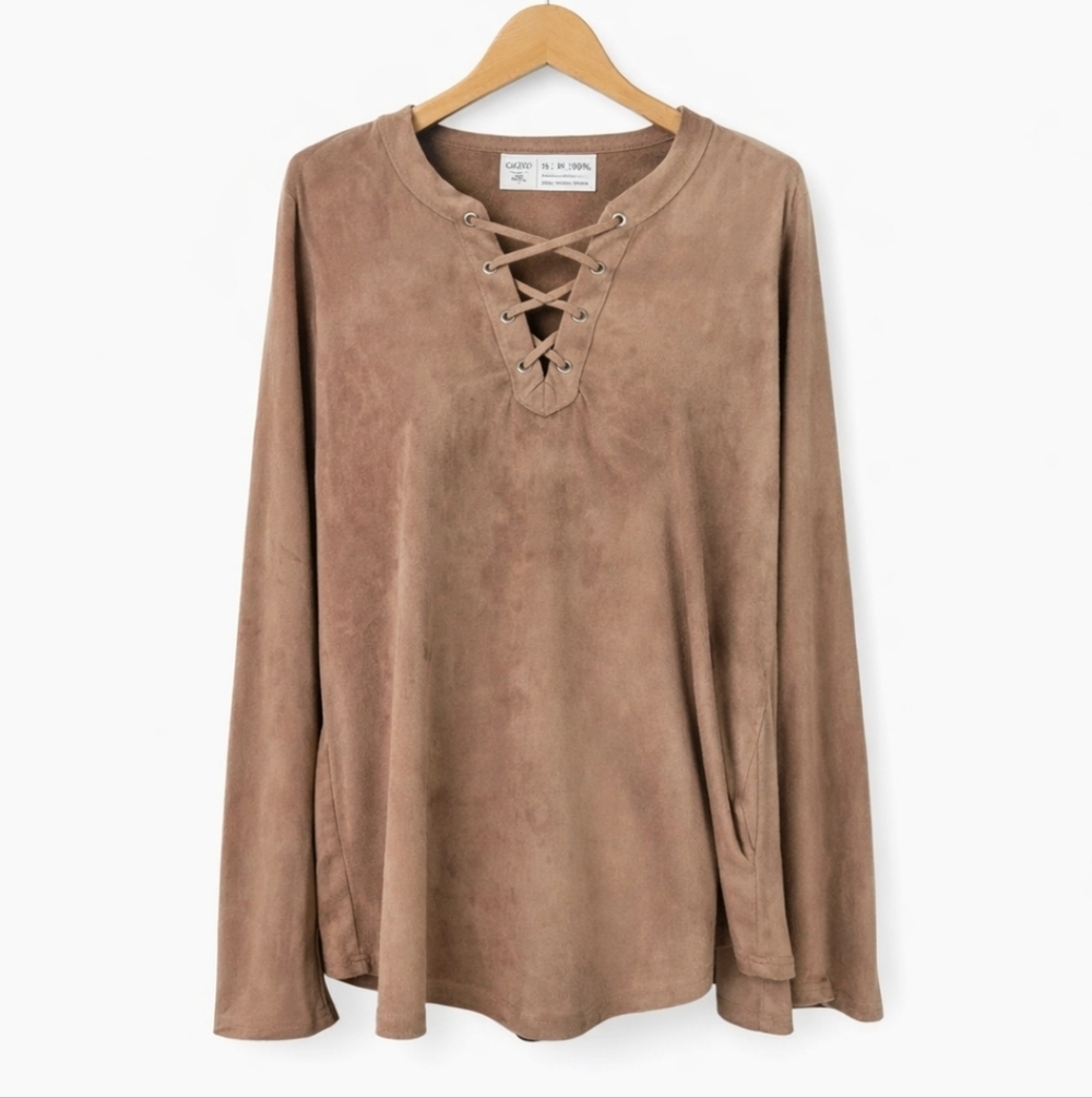 Cato's Tan Bohemian Microsuede Pullover With Lace Up Neckline Sz 18/20